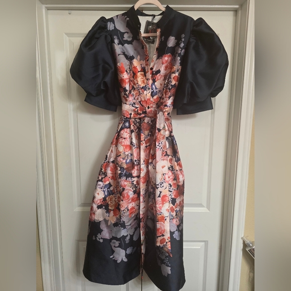 N By Nancy Dresses & Skirts - Floral Satin Midi Dress with Puff Sleeves - Navy & Pink Large